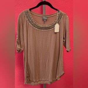 Market & Spruce Brown Beaded Scoop Neck Short Sleeve Top